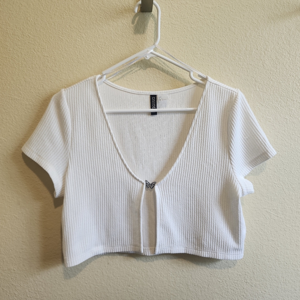 H&M White Ribbed Butterfly Tie Front Crop Blouse